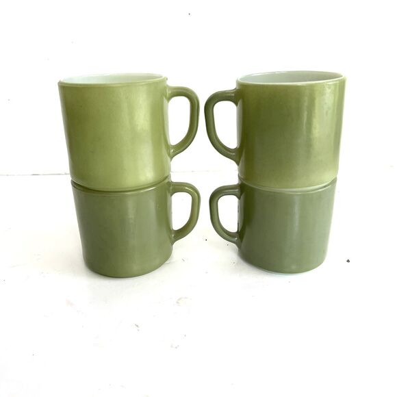 FEDERAL MILK GLASS CUPS MUGS D-HANDLE MID CENTURY GREEN HEAT PROOF SET X4 - Picture 1 of 11